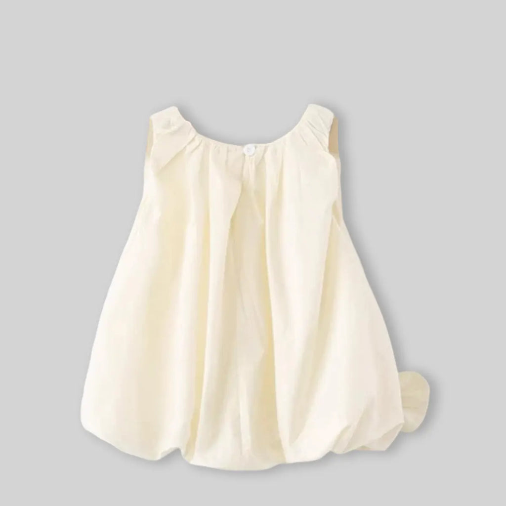 Girls Off White Solid Sleeveless Balloon Dress With Bow Details Casual Dresses