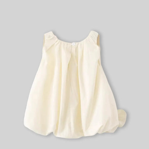 Girls Off White Solid Sleeveless Balloon Dress With Bow Details Casual Dresses