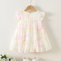 Girls White Printed Layered Dress With Tulip Applique Casual Dresses