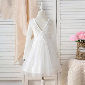 Girls White Long Sleeves Fit & Flare Party Dress With Lace & Tulle Overlay Party Dresses