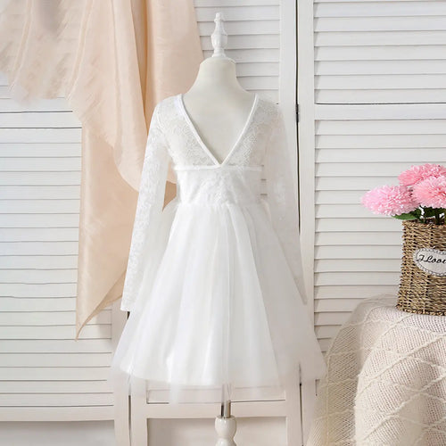 Girls White Long Sleeves Fit & Flare Party Dress With Lace & Tulle Overlay Party Dresses