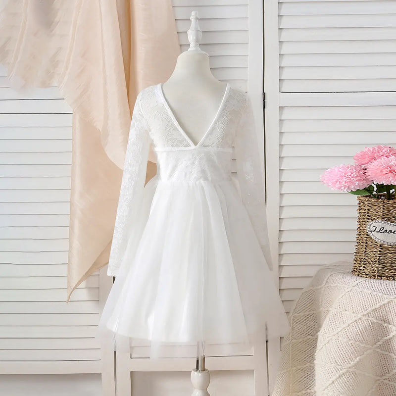 Girls White Long Sleeves Fit & Flare Party Dress With Lace & Tulle Overlay Party Dresses