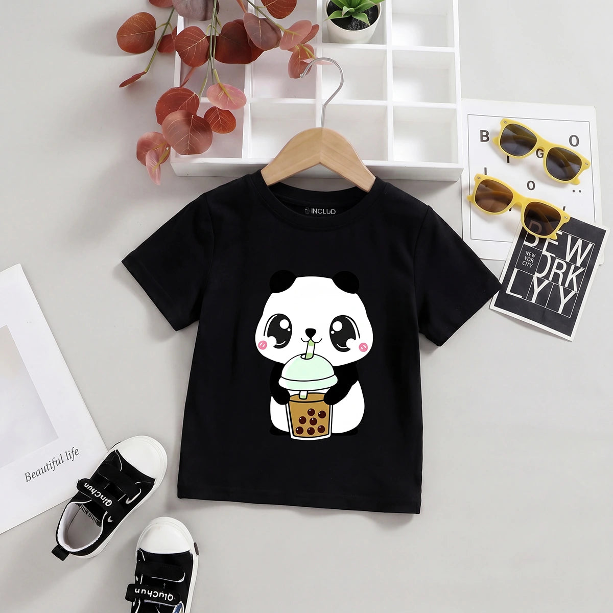 Girls Black Panda Print Short Sleeve T-Shirt Tshirts Black 1-2 Y