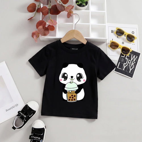 Girls Black Panda Print Short Sleeve T-Shirt Tshirts Black 1-2 Y