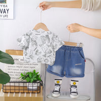 Boys Grey Typographic Print T-Shirt With Denim Shorts Set Sets
