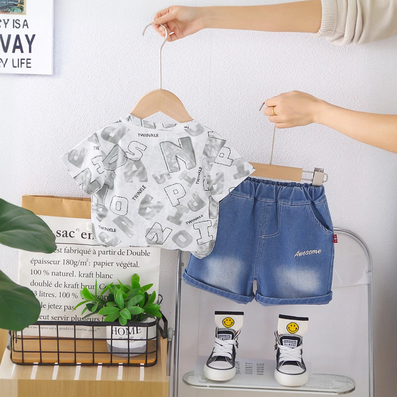 Boys Grey Typographic Print T-Shirt With Denim Shorts Set Sets