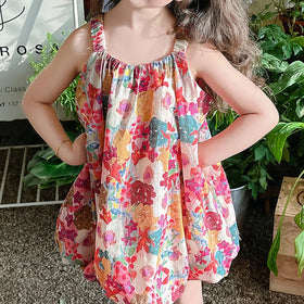 Girls Multicolor Floral Print Sleeveless Balloon Dress Casual Dresses