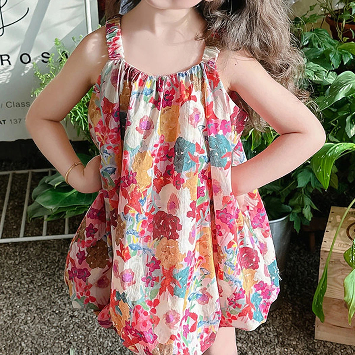 Girls Multicolor Floral Print Sleeveless Balloon Dress Casual Dresses