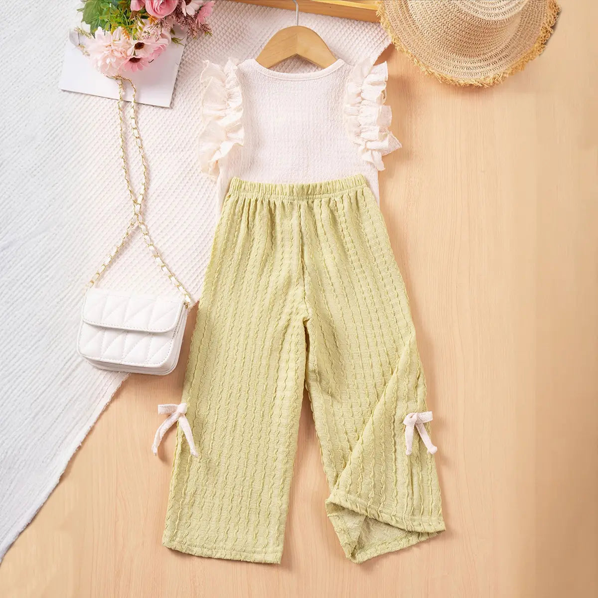 Girls Apricot Textured Sleeveless Ruffle Top With Pant Sets Sets
