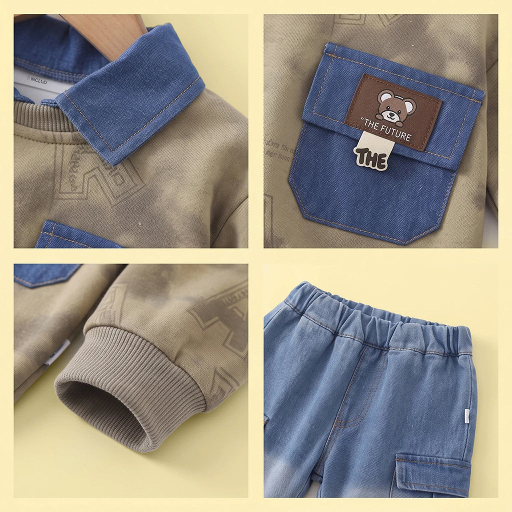 Boys Khaki Abstract Polo Sweatshirt & Denim Cargo Pants Sets Sets