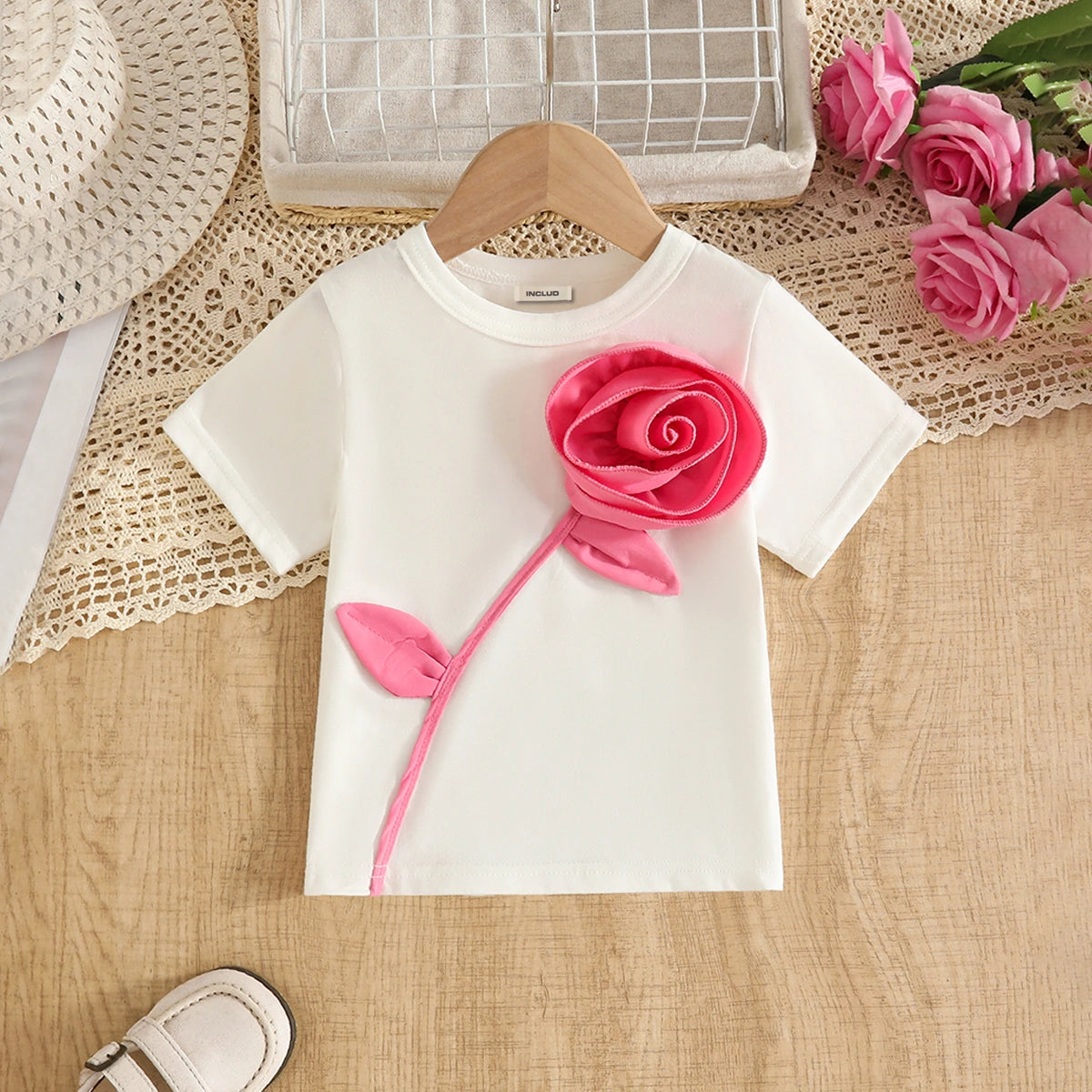Girls 3D Rose Applique T-Shirt With Pink Skort Sets Sets