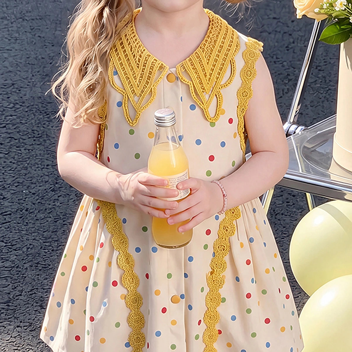 Girls Cream Polka Dot Print Sleeveless Dress Casual Dresses