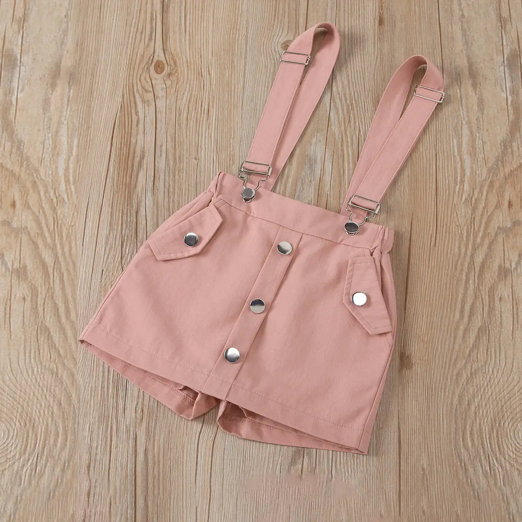 Girls Schiffli Flutter Sleeves Top With Peach Suspenders Skorts Sets Sets