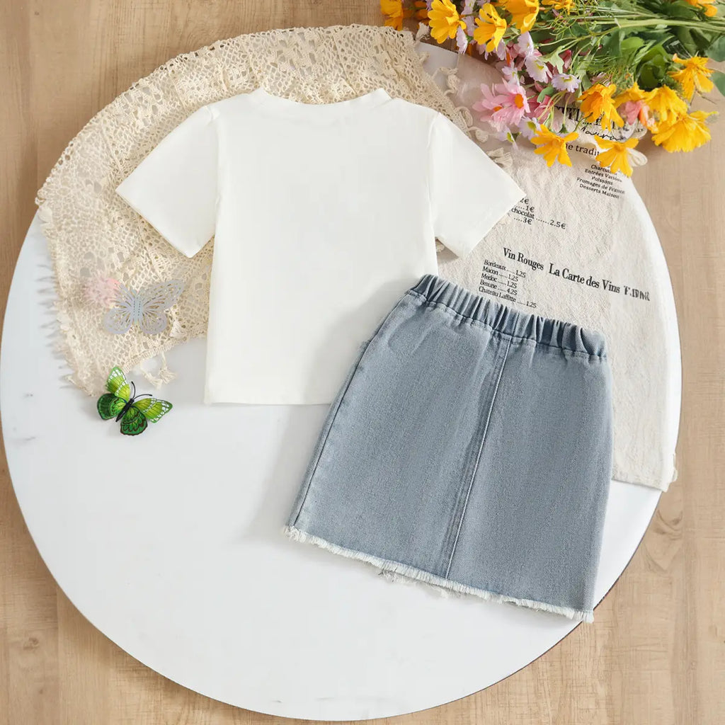 Girls Blue Butterfly Applique T-Shirt With Embroidered Denim Skirt Sets Sets