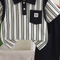 Boys Black Striped Contrast Collared Polo T-Shirt With Shorts Set 2 pc. Sets
