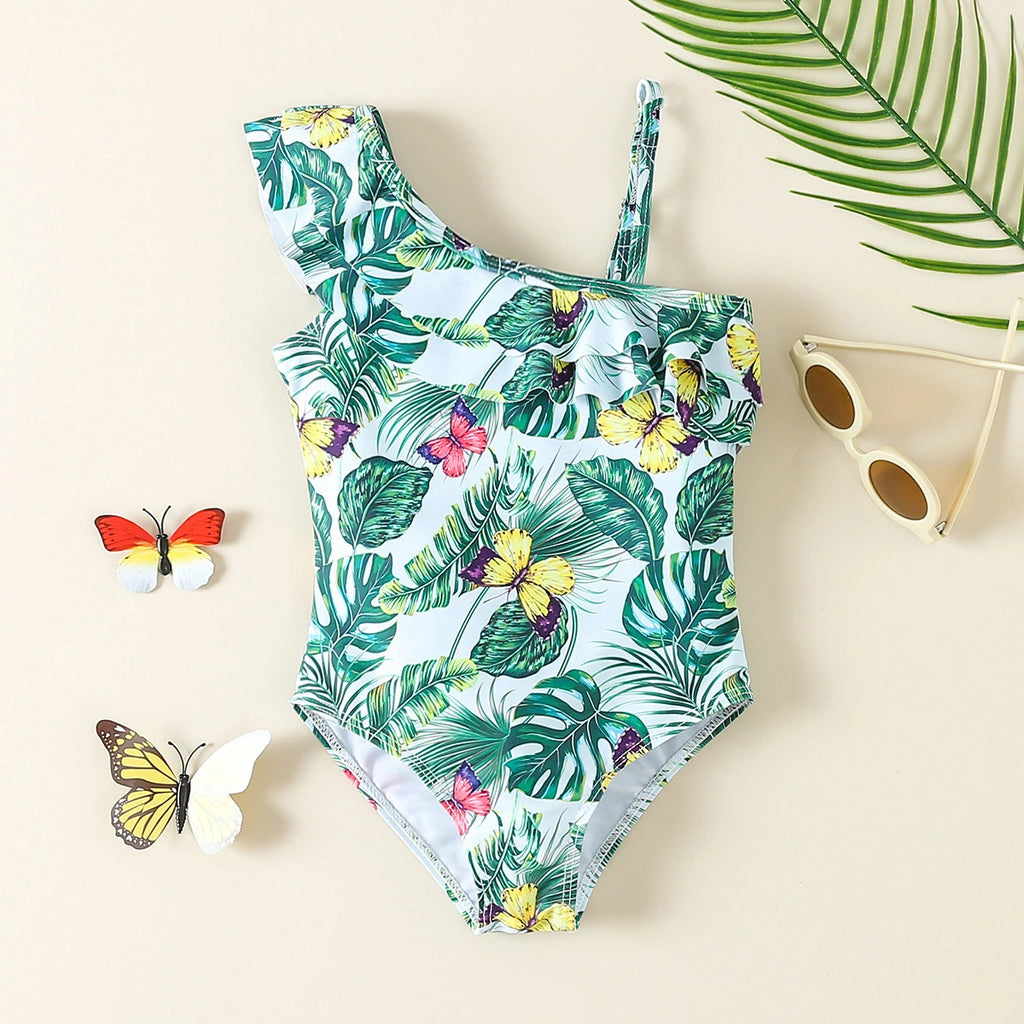 Girls Sea Green Tropical Printed One Shoulder Swimwear Bodysuit Beachwear Sea Green 1-2 Y