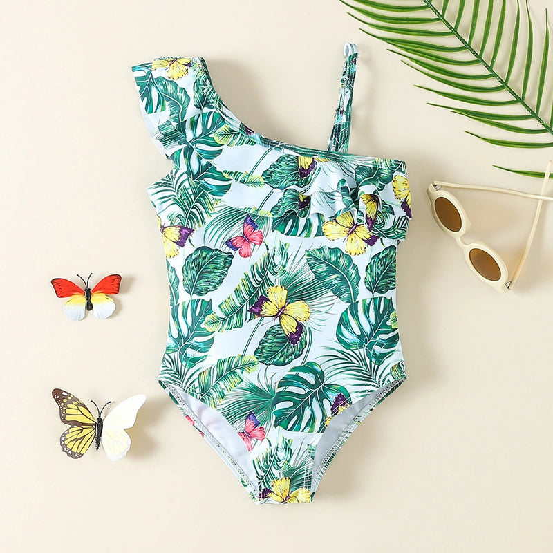 Girls Sea Green Tropical Printed One Shoulder Swimwear Bodysuit Beachwear Sea Green 1-2 Y