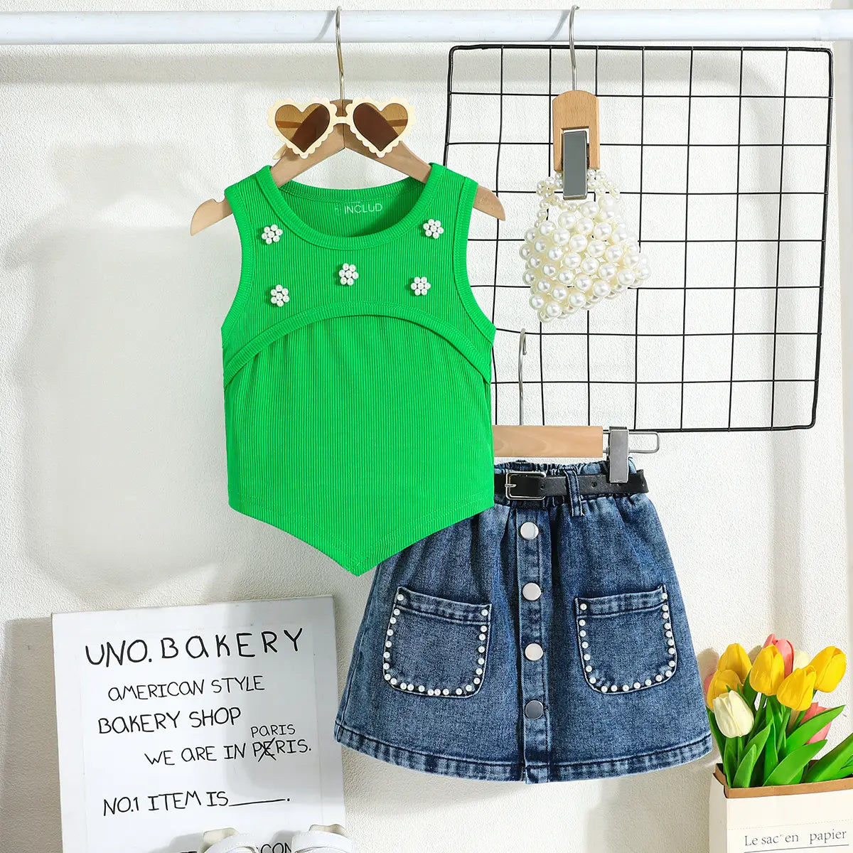 Girls Green Embellished Ribbed Sleeveless Top With Denim Skirt Sets Sets Green 2-3 Y