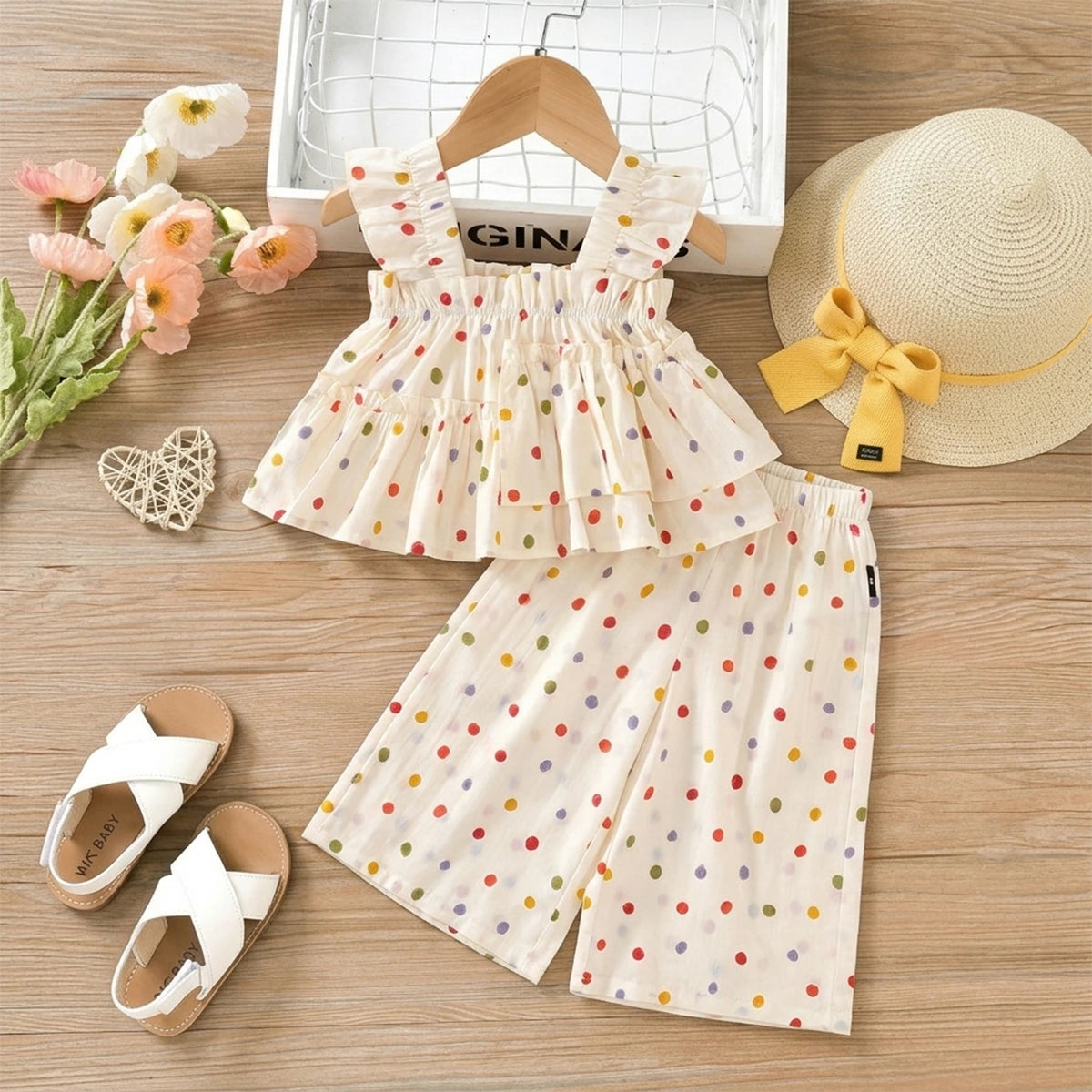 Girls Off-White Multicolour Polka Dot Printed Tiered Top With Pants Sets Sets Off White 2-3 Y