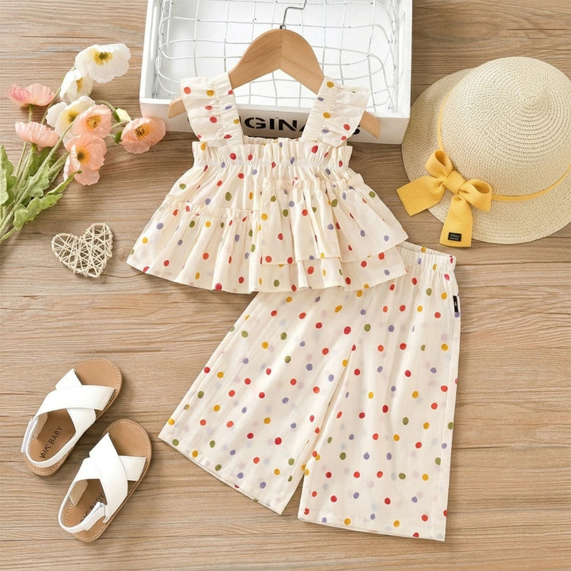 Girls Off-White Multicolour Polka Dot Printed Tiered Top With Pants Sets Sets Off White 2-3 Y