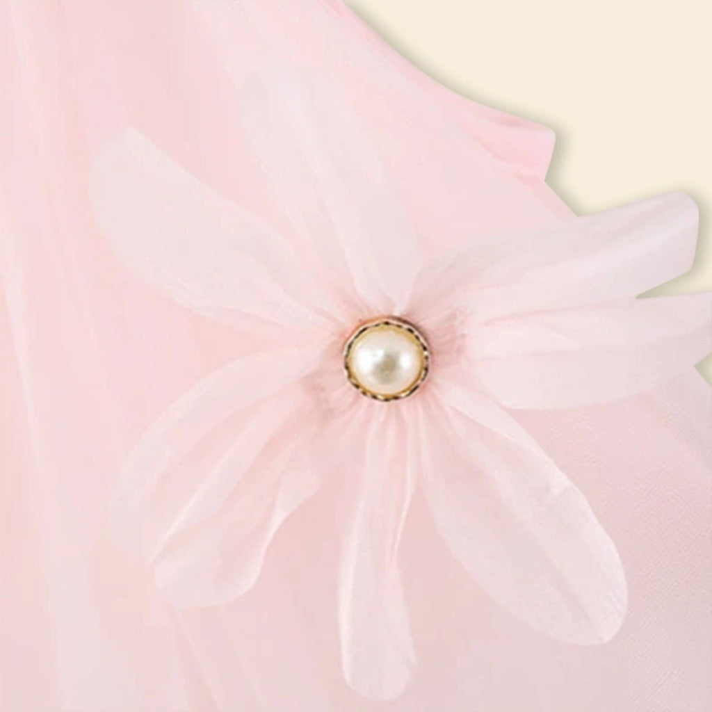 Girls Light Pink Flower Applique Tulle Overlay Sleeveless A-line Dress Casual Dresses