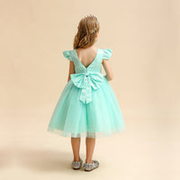 Girls Light Green Pearl-Embellished Flutter Sleeve Fit & Flare Dress Casual Dresses