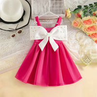 Girls Fuchsia Sleeveless Fit & Flare Party Wear Dress With Elegant Bow Detail Party Dresses