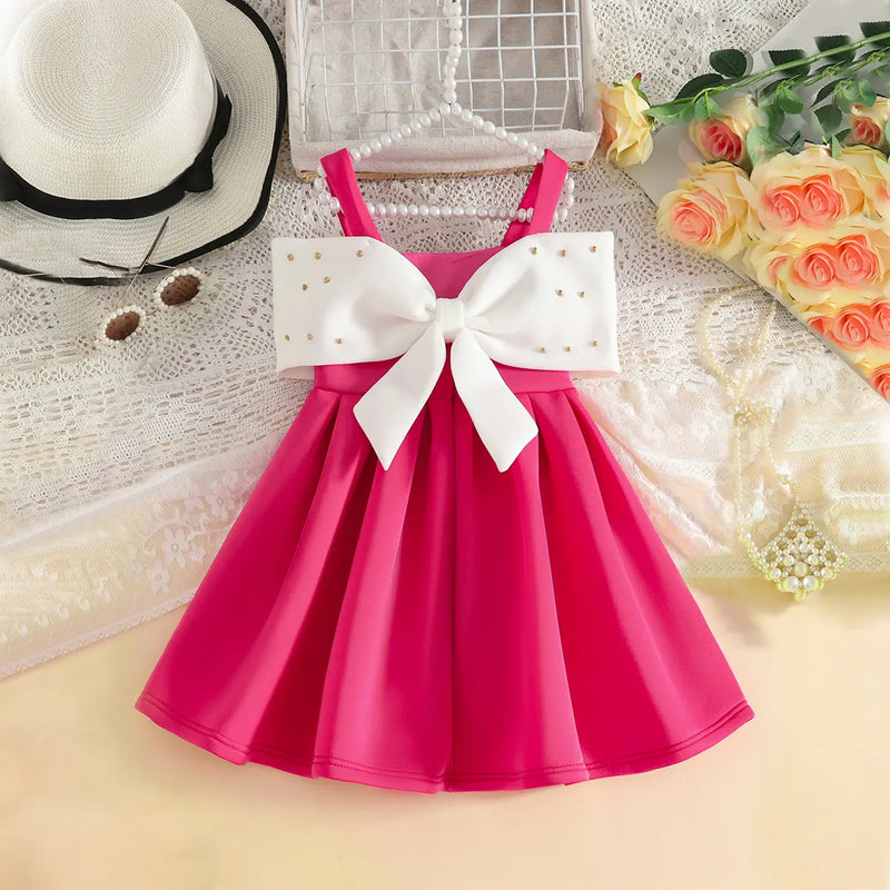 Girls Fuchsia Sleeveless Fit & Flare Party Wear Dress With Elegant Bow Detail Party Dresses
