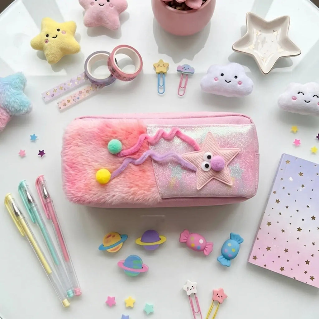 Girls Cute Fur Pencil Pouch with Star Charm Trending Accessories