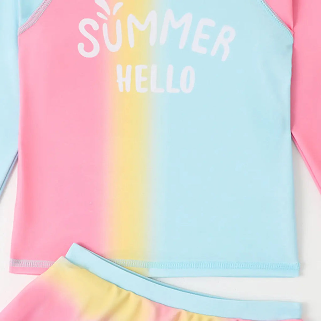 Girls Multicolor Typographic Print T-Shirt With Skorts Swimwear Sets Beachwear