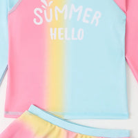 Girls Multicolor Typographic Print T-Shirt With Skorts Swimwear Sets Beachwear