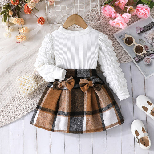 Girls Puff Sleeves Top With Brown Checked Skirt Set 2 pc. Sets Brown 2-3 Y