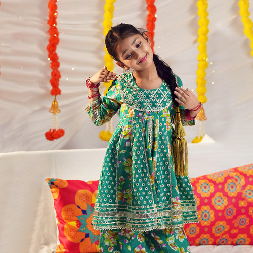 Girls Green Bandhani Print Kurta with Sharara Set Ethnicwear Girls