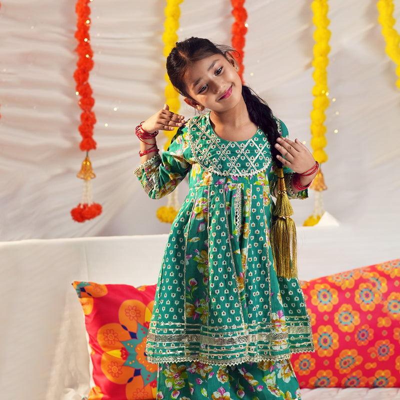 Girls Green Bandhani Print Kurta with Sharara Set Ethnicwear Girls