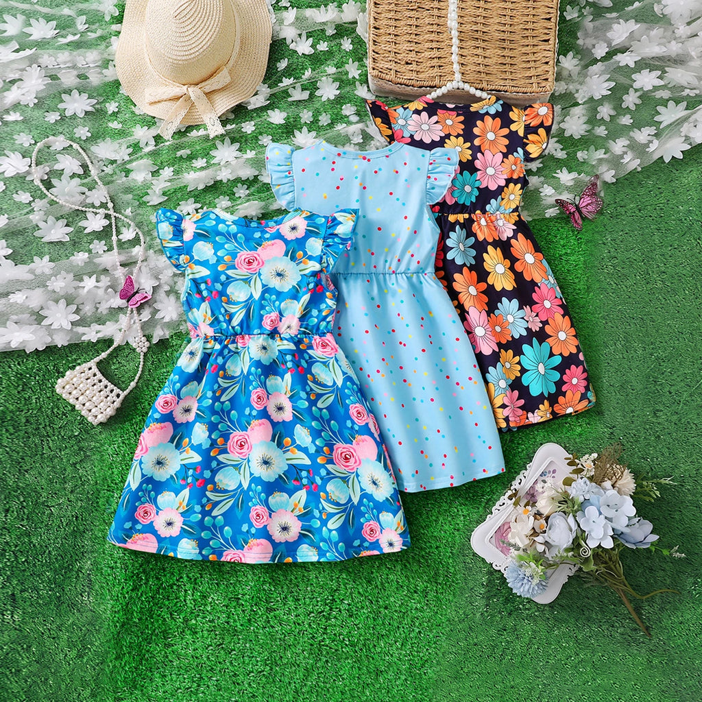 Girls Multicolour Floral Print Flutter Sleeve Fit & Flare Dress Pack Of 3 Casual Dresses