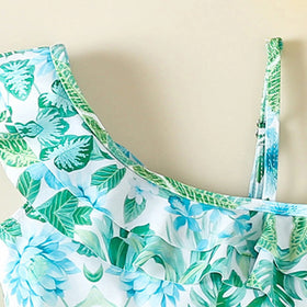 Girls Green Tropical Printed One Shoulder Swimwear Bodysuit Beachwear