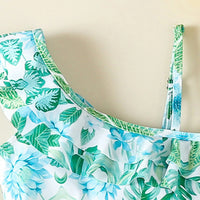 Girls Green Tropical Printed One Shoulder Swimwear Bodysuit Beachwear
