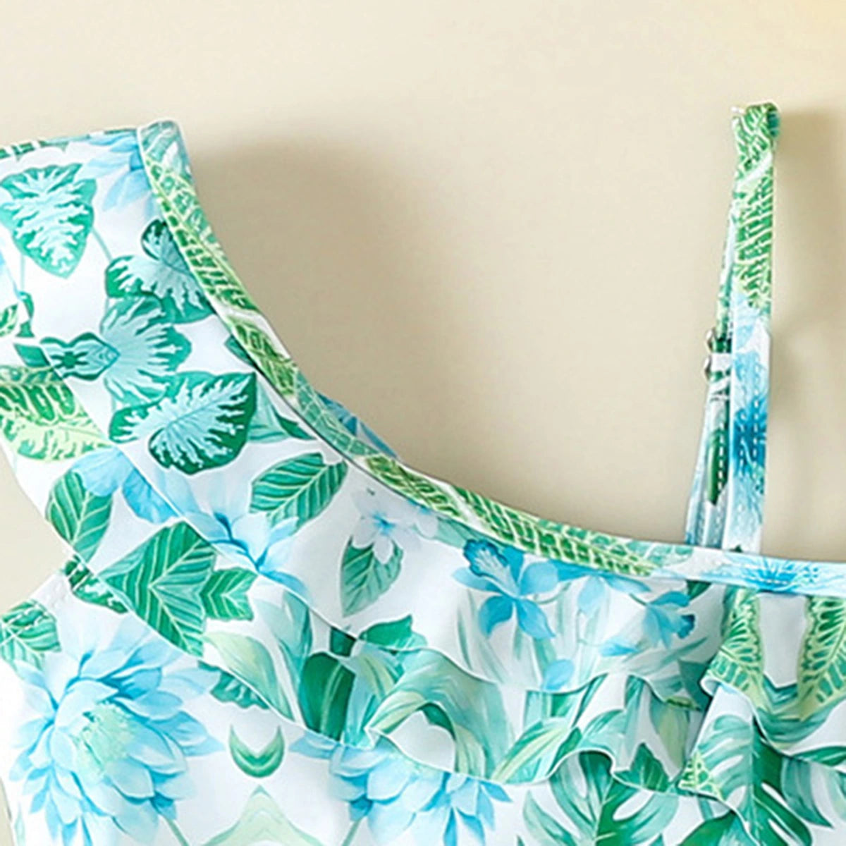 Girls Green Tropical Printed One Shoulder Swimwear Bodysuit Beachwear