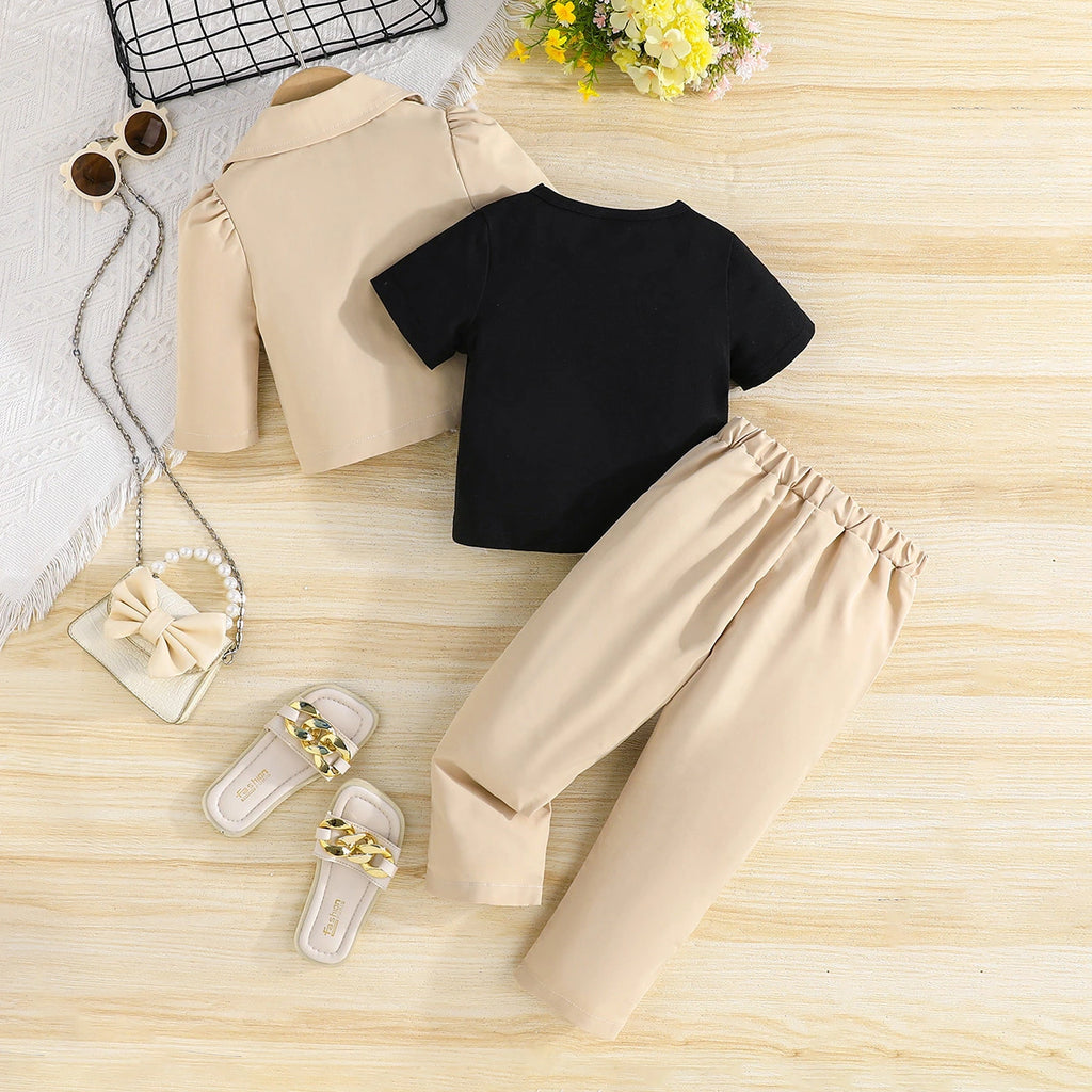 Girls Khaki Blazer With Knit Top & Pant Sets Sets