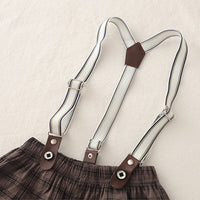 Boys White Printed Short Sleeves Shirt With Checked Suspenders Shorts Set Sets