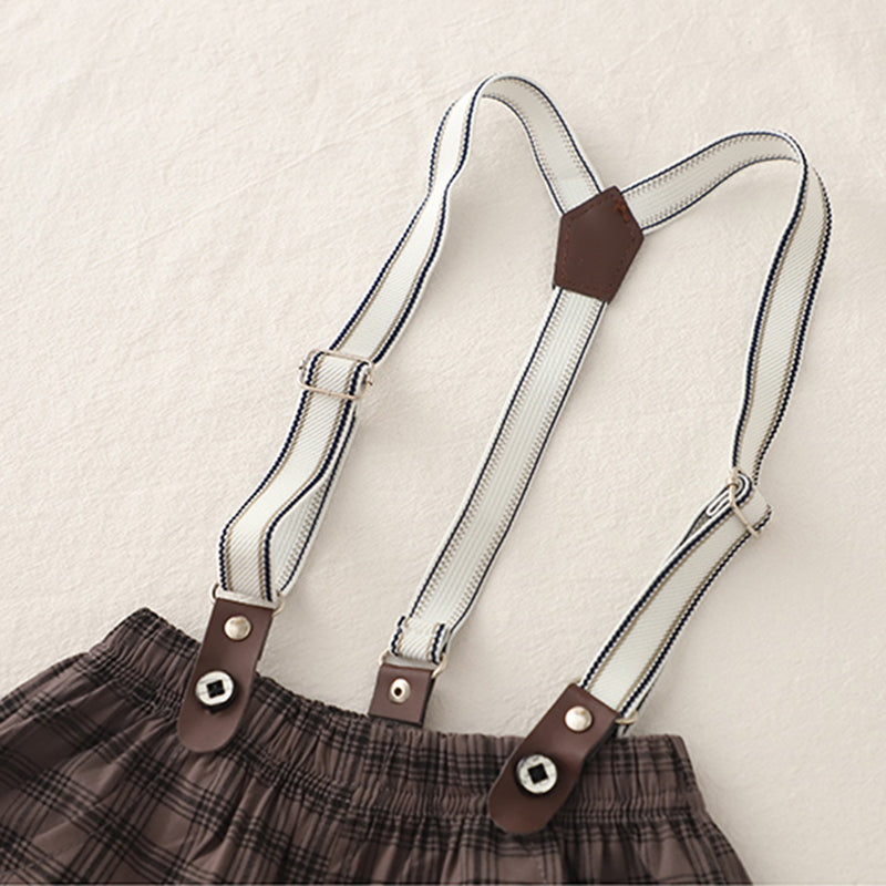 Boys White Printed Short Sleeves Shirt With Checked Suspenders Shorts Set Sets