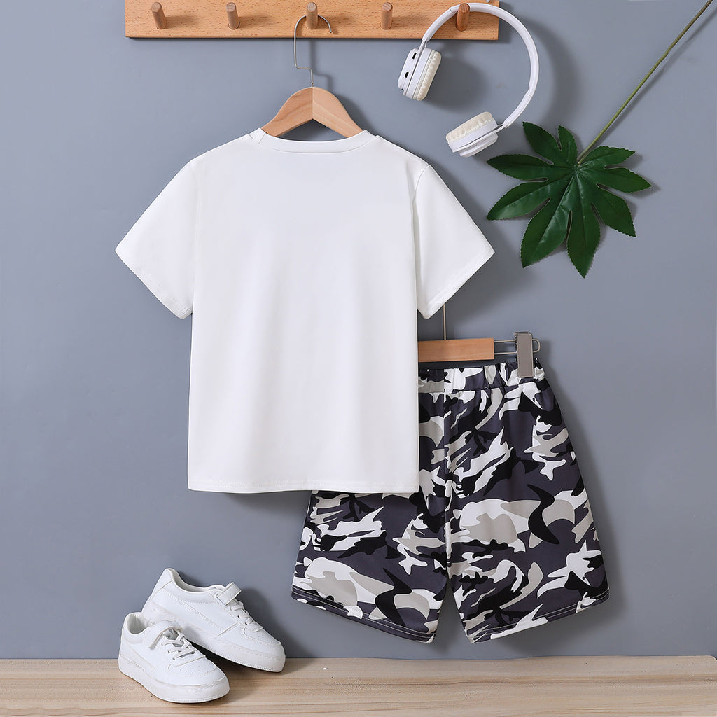 Boys White Short Sleeve Camouflage Printed T-Shirt With Shorts Set 2 pc. Sets