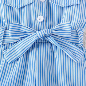 Girls Blue Striped Sleeveless Button-Front Belted Romper Jumpsuits