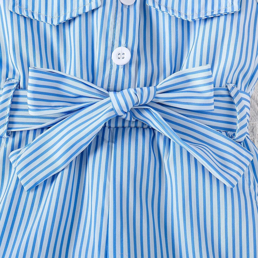 Girls Blue Striped Sleeveless Button-Front Belted Romper Jumpsuits