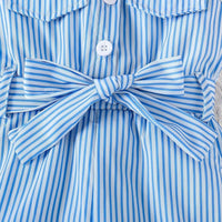Girls Blue Striped Sleeveless Button-Front Belted Romper Jumpsuits