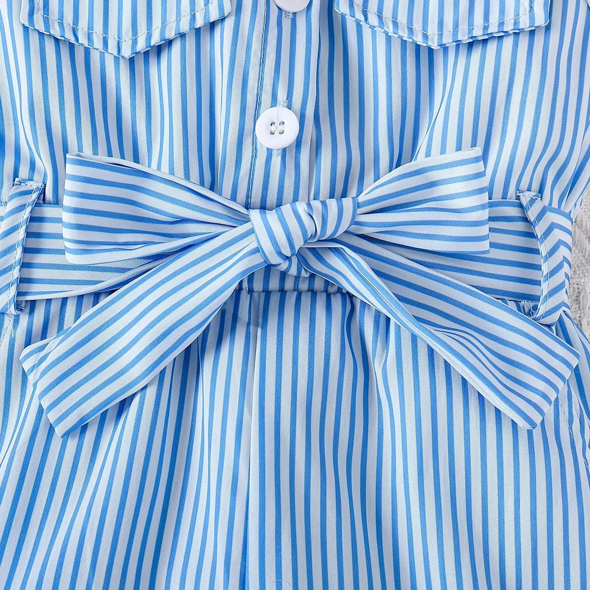 Girls Blue Striped Sleeveless Button-Front Belted Romper Jumpsuits