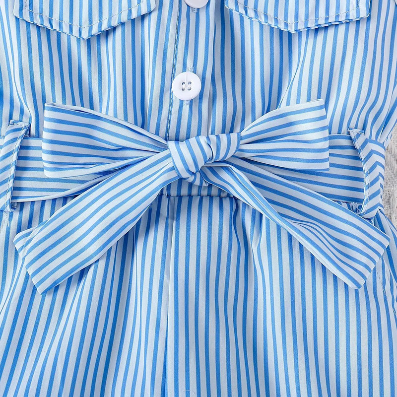Girls Blue Striped Sleeveless Button-Front Belted Romper Jumpsuits