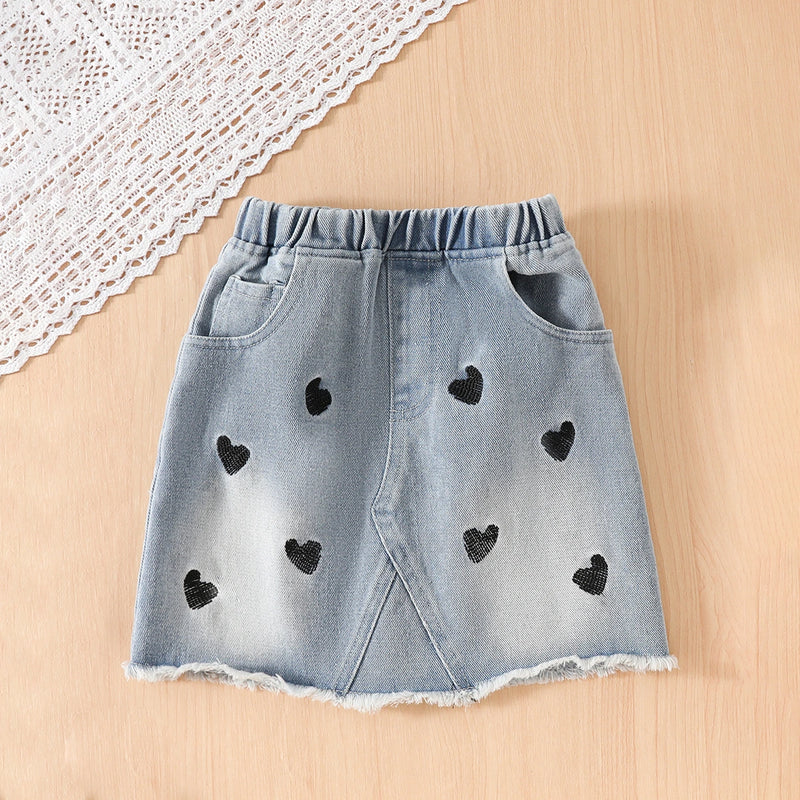 Girls White Lace Corset Printed T-Shirt With Denim Skirts Set Sets