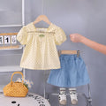 Girls Apricot Polka Dot Printed Puff Sleeve Top With Denim Shorts Sets 2 pc. Sets Apricot 1-2 Y