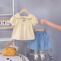 Girls Apricot Polka Dot Printed Puff Sleeve Top With Denim Shorts Sets 2 pc. Sets Apricot 1-2 Y